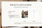 What’s included overview for save the date postcard Canva template, showing editable photo layout, two size options, and customizable colors.