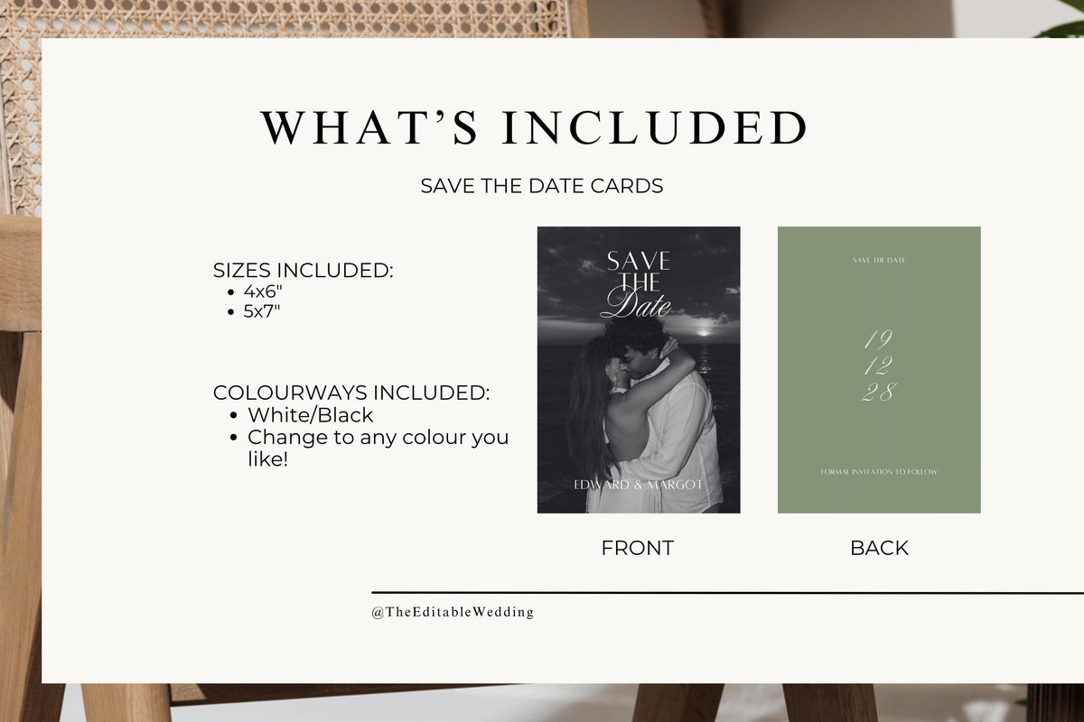 What’s included overview for the editable wedding save the date template, showing the black and white photo front, sage green date back, available card sizes and colour customisation options.