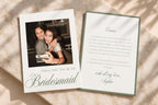 Personalised photo bridesmaid proposal card with sage green script and matching bordered message reverse, styled on cream fabric. Elegant printable will you be my bridesmaid card for a sentimental bridal party invitation.