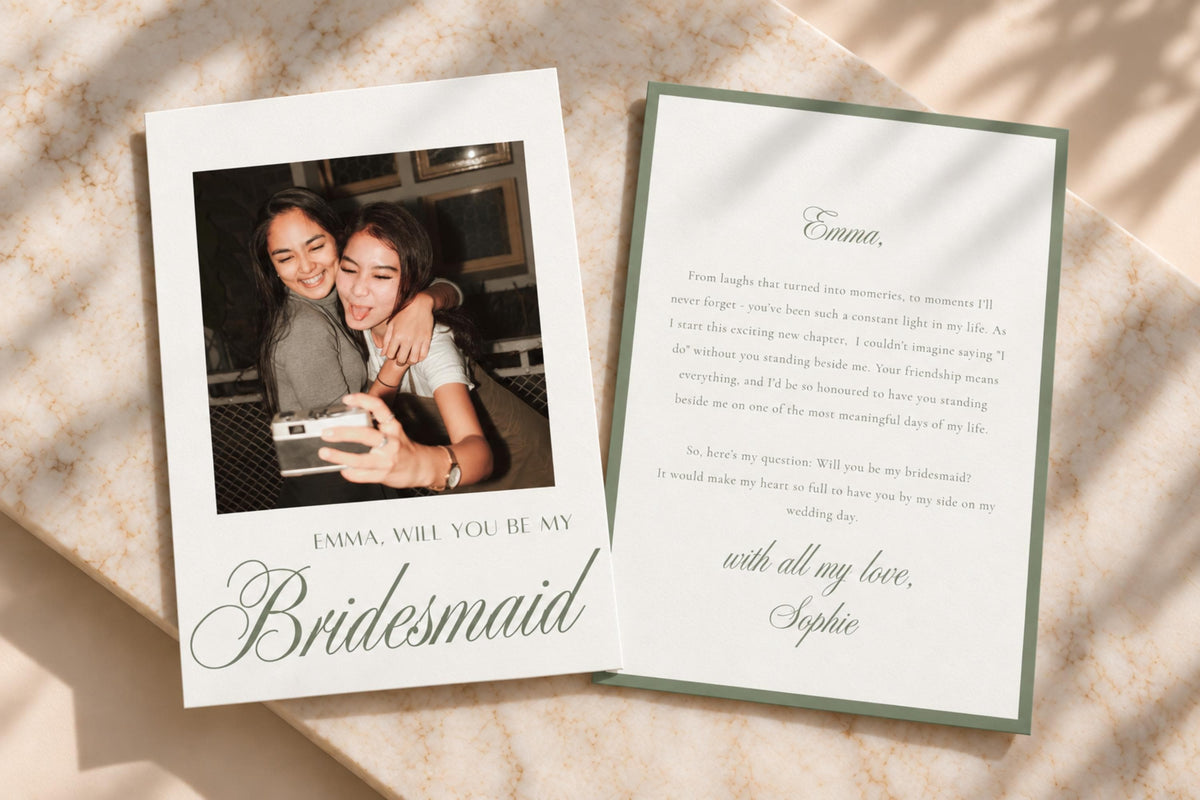 Personalised photo bridesmaid proposal card with sage green script and matching bordered message reverse, styled on cream fabric. Elegant printable will you be my bridesmaid card for a sentimental bridal party invitation.