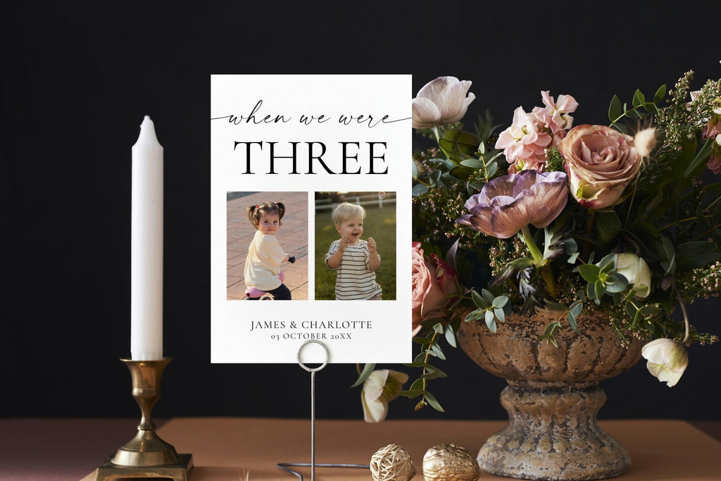Elegant printable wedding reception table numbers, When We Were Age childhood picture table sign template, editable Canva design digital download