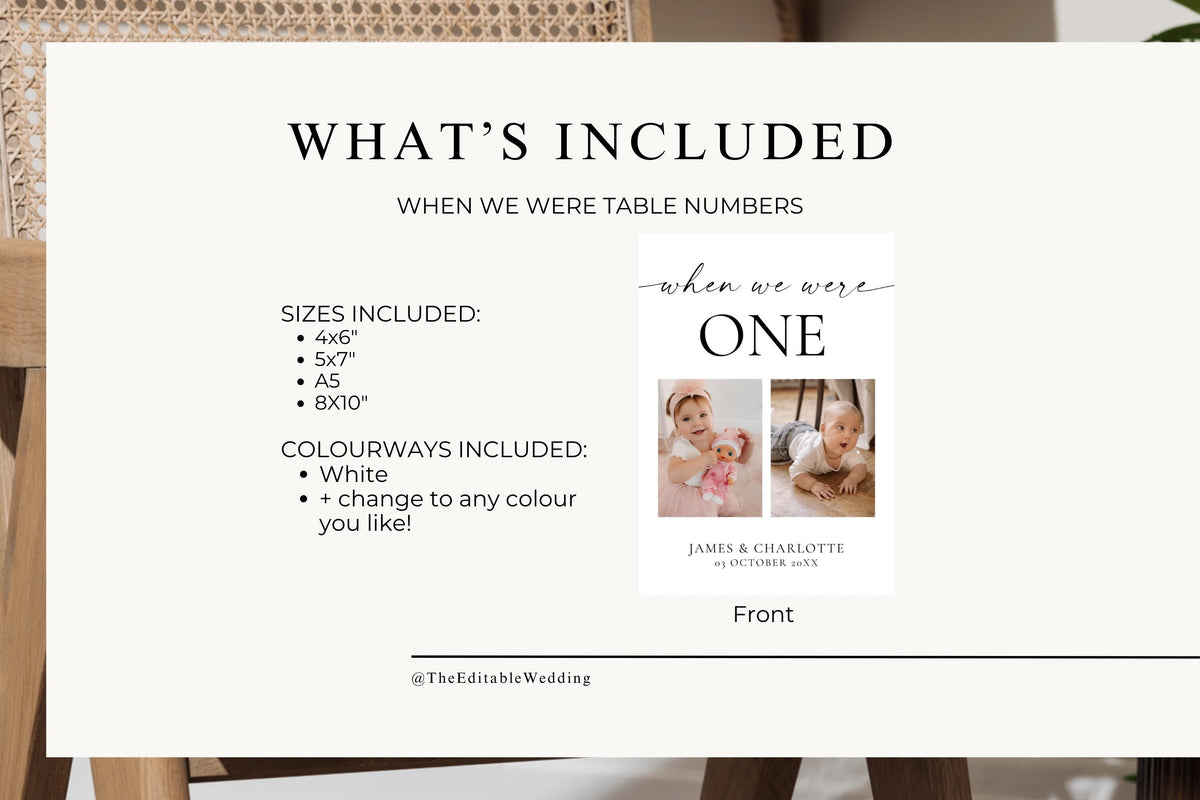 Printable When We Were Age table number template listing details, wedding table number signs with childhood photos, editable Canva digital download