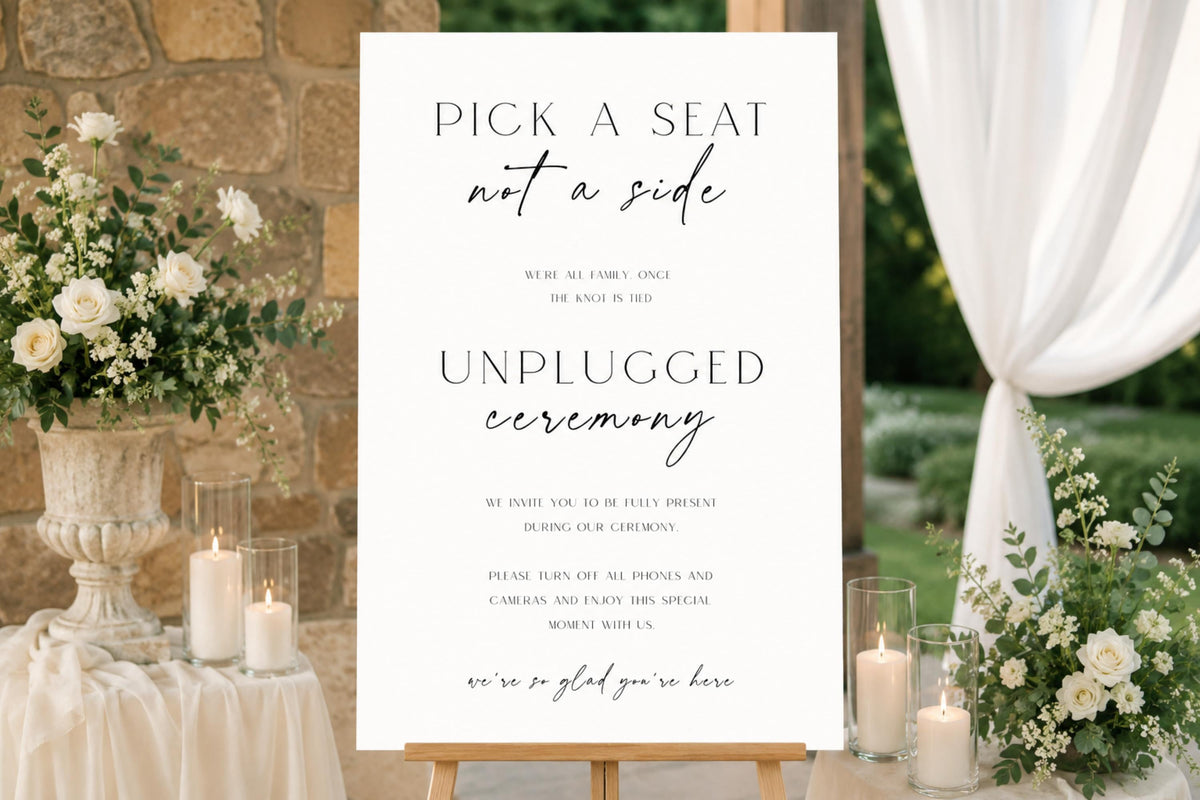 Editable unplugged ceremony sign template, pick a seat not a side wedding sign, minimalist wedding ceremony welcome sign, modern black and white wedding decor, printable A1 wedding seating sign, instant download Canva template
