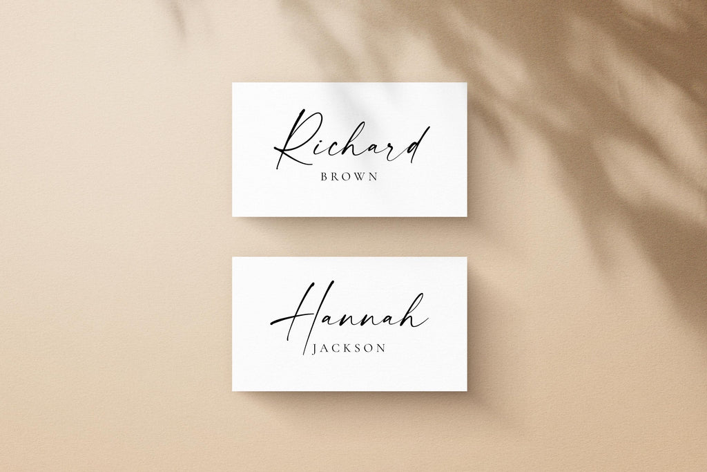 Flat and folded name cards with modern typography, printable wedding place card template for Canva download