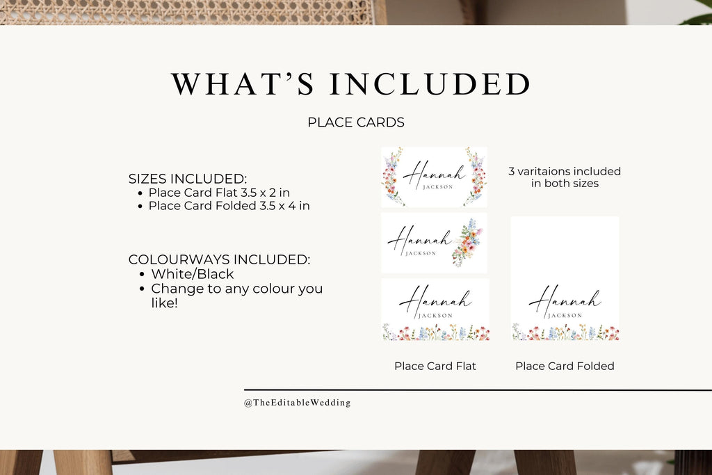 Printable place card template set, flat and folded name card options, wildflower wedding place cards editable in Canva, boho floral designs