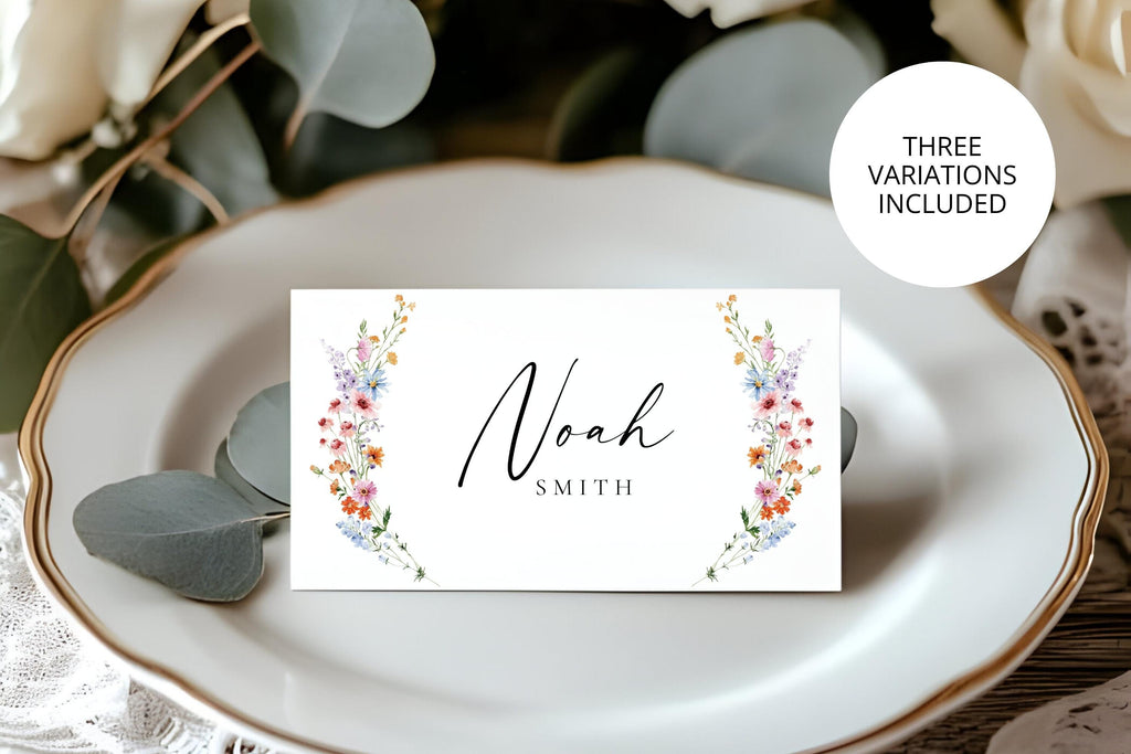Printable wedding place cards with wildflower design, customizable name cards in Canva, folded escort cards for rustic boho floral weddings