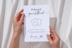 Polaroid photo guestbook sign template held in hands - minimalist editable Canva template for weddings, printable in 5x7, 8x10 and A4 sizes for modern guestbook displays.