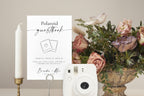 Editable wedding Polaroid guestbook sign in a classic wedding scene with candles and florals - printable Canva template for snap it, stick it, sign it guestbook table sign.