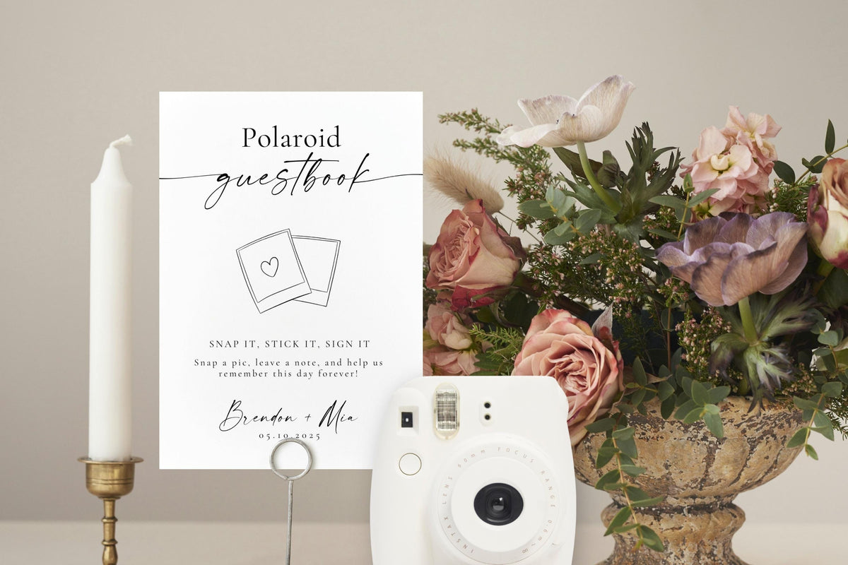 Editable wedding Polaroid guestbook sign in a classic wedding scene with candles and florals - printable Canva template for snap it, stick it, sign it guestbook table sign.