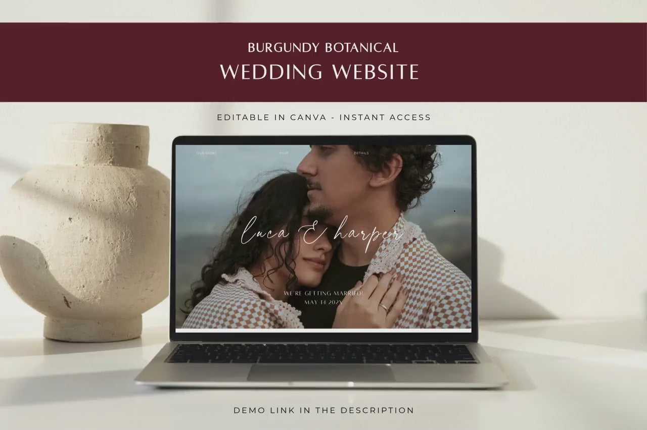 Wedding Website Editable Template: Burgundy Botanical Minimalist Web Invitation With Online RSVP, BB51