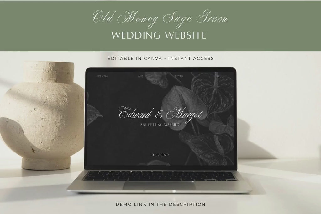 Wedding Website Template: Old Money Sage Green Classic Web Invitation With Online RSVP (Editable Template), SG02
