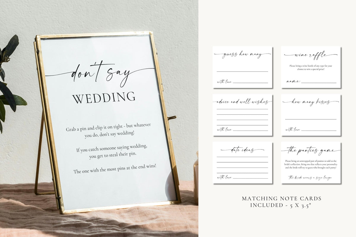 Editable wedding sign and note card template preview – minimalist wedding stationery for bridal showers, rehearsal dinners, or engagement parties, Canva printable design.