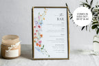 Elegant floral wedding bar menu sign in gold frame, modern minimalist wildflower design, editable drink menu template for cocktail hour décor