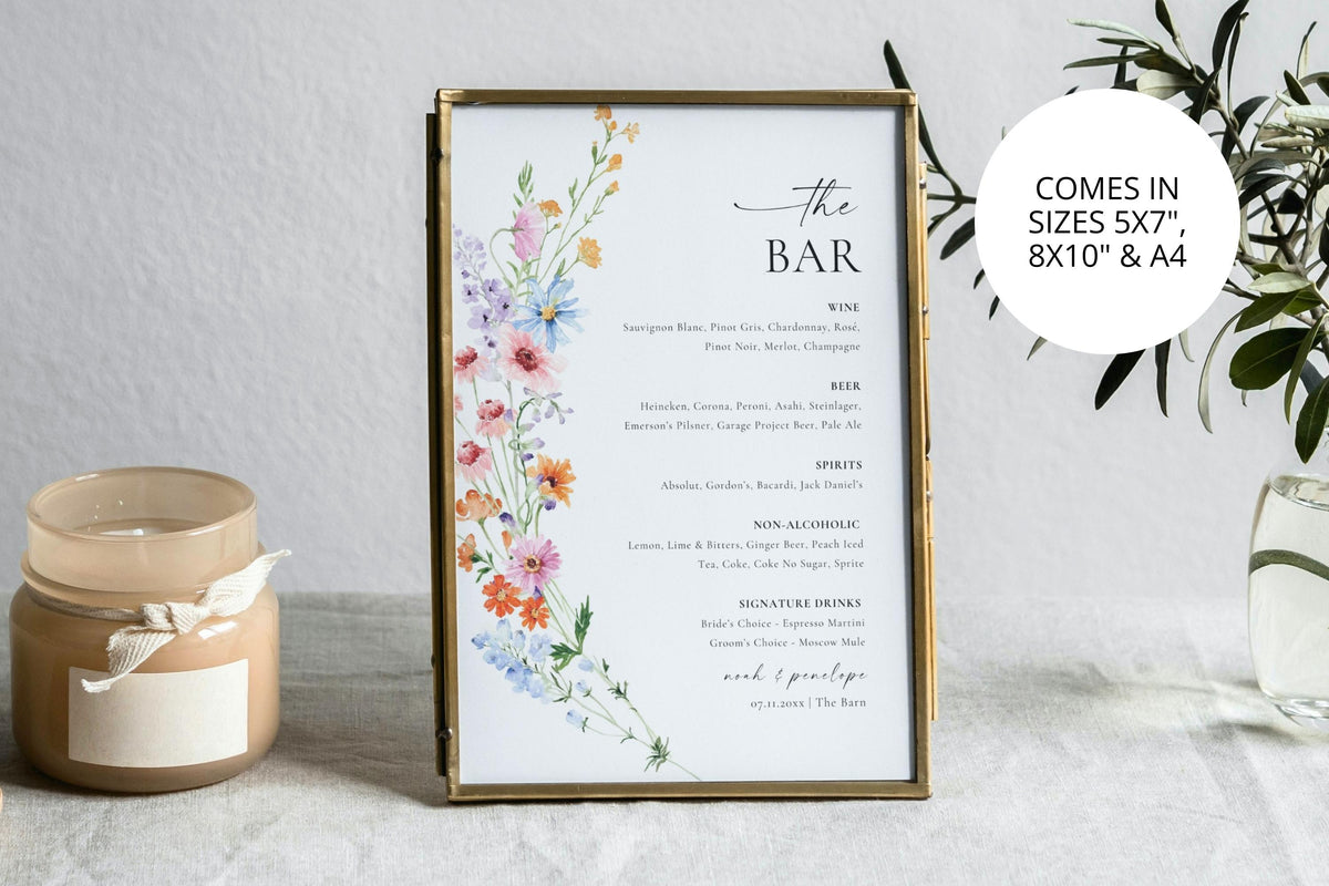 Elegant floral wedding bar menu sign in gold frame, modern minimalist wildflower design, editable drink menu template for cocktail hour décor