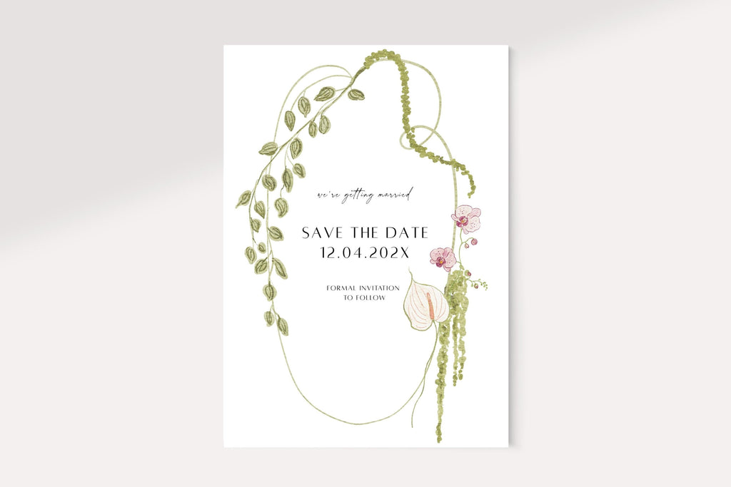 Botanical floral save the date wedding invitation template with green vines and delicate pink flowers, editable elegant Canva wedding stationery
