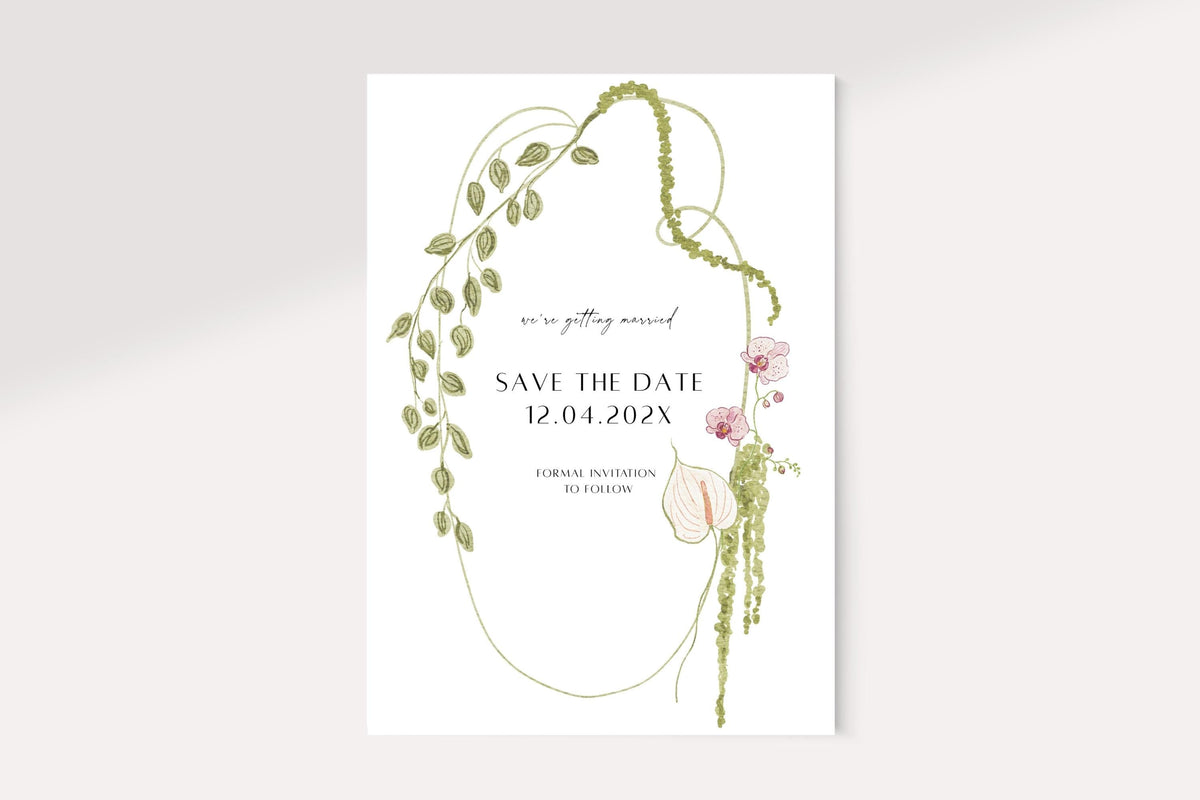 Botanical floral save the date wedding invitation template with green vines and delicate pink flowers, editable elegant Canva wedding stationery