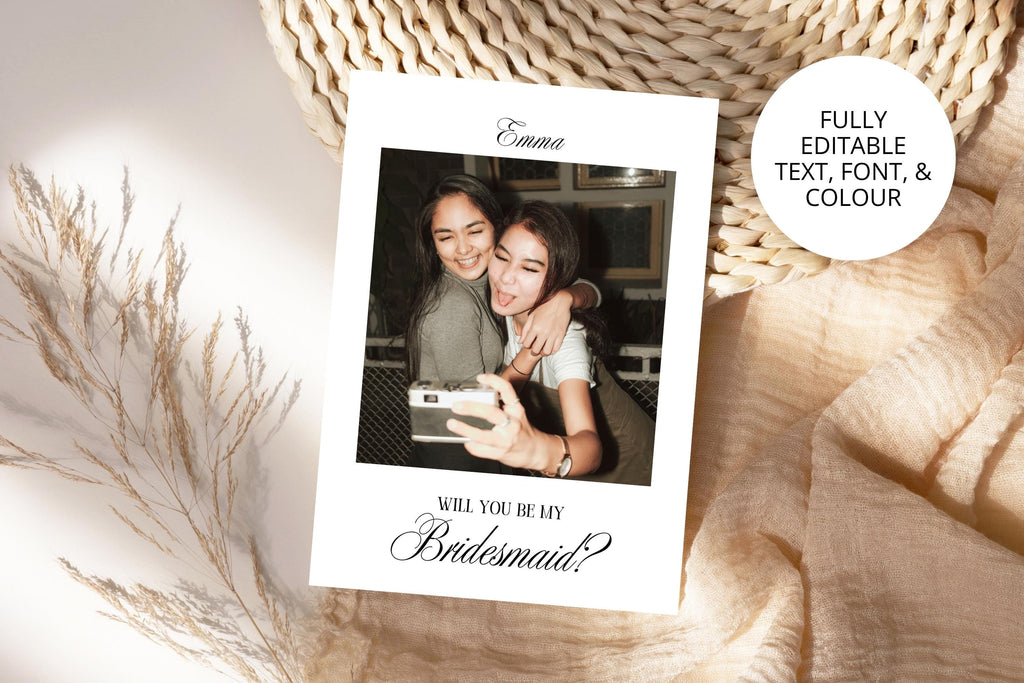 Luxury editable bridesmaid proposal card template with photo upload, modern wedding party proposal printable, Canva bridesmaid invitation card, editable digital download