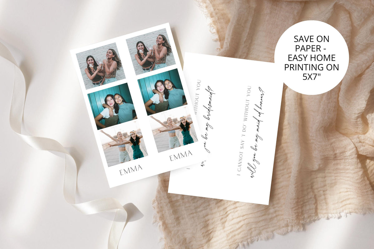 Editable bridesmaid proposal photo strip bookmark template displayed on luxury satin and linen fabric, personalised wedding photo bookmark Canva template, printable bridesmaid gift, modern bridal party proposal keepsake, digital download wedding stationery.