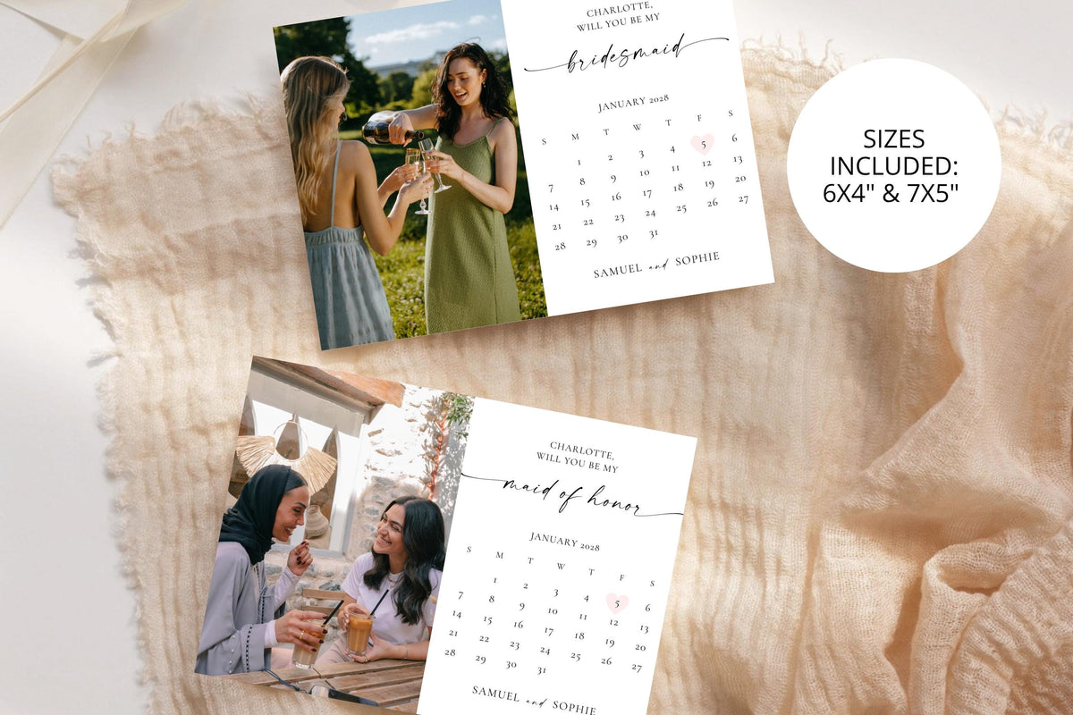Set of modern bridesmaid and maid of honor proposal cards with calendar design, neutral beige aesthetic, editable Canva templates for bridal party gifts.