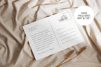 Ivory wedding thank you postcard template displayed on textured linen, featuring a personalised message and vintage postcard layout, with 6 x 4 and 7 x 5 inch size options shown.