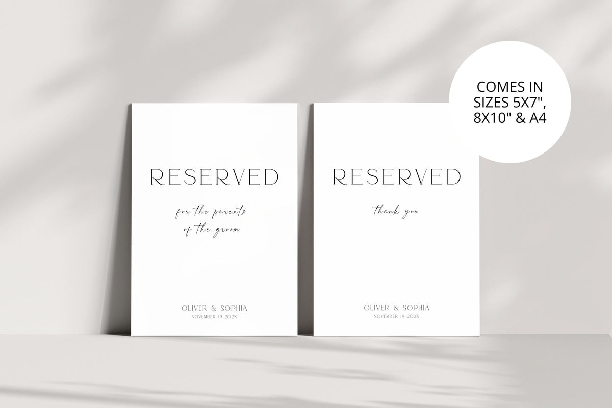 Printable Reserved Sign Template in Multiple Sizes, Editable Wedding Reserved Seating Cards for Canva, Instant Download Minimal Wedding Sign