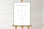 Classic wedding seating chart with sage green outline and Our Favourite People script heading, shown on a wooden easel against a white wall. Minimalist printable reception seating plan for an elegant old money wedding.