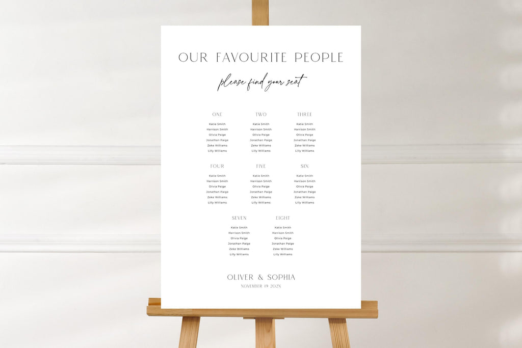 Simple minimalist wedding seating chart template on easel, clean white modern seating plan sign, editable Canva wedding seating chart printable, timeless classic wedding signage