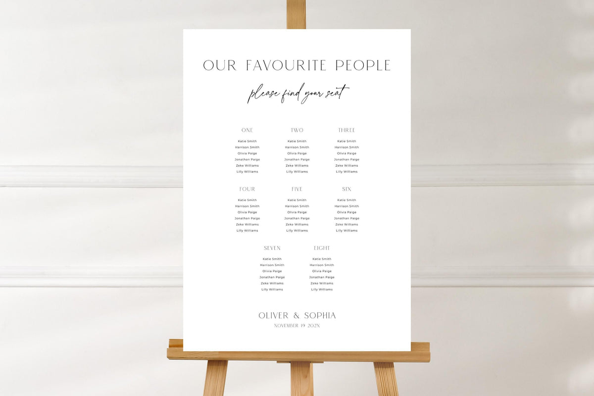 Simple minimalist wedding seating chart template on easel, clean white modern seating plan sign, editable Canva wedding seating chart printable, timeless classic wedding signage