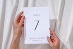 Minimalist wedding table number printable, table 7 sign held in hand, clean modern wedding signage, editable Canva template, simple elegant reception decor idea