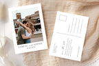Modern wedding photo save the date card mockup with elegant serif text, customizable Canva template for digital or printed announcements.