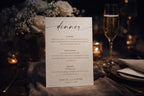 moody luxe wedding menu sign in frame with candlelight and champagne, elegant evening wedding reception decor, printable wedding menu template, black tie wedding aesthetic, romantic low light wedding styling