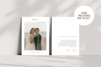 Wedding thank you card template mockup showing front and back, minimalist modern design, printable Canva template 4x6 and 5x7 sizes included, clean editorial style