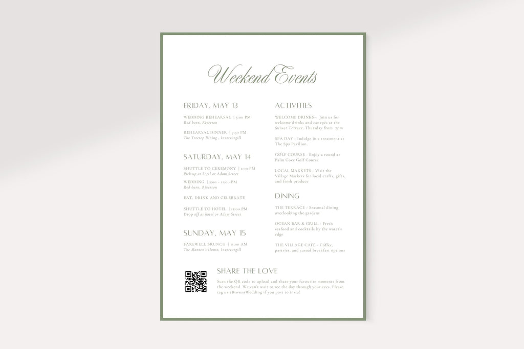 Ivory wedding weekend itinerary template with a sage green border, elegant script heading, two-column event schedule and QR code for a timeless wedding welcome bag insert.
