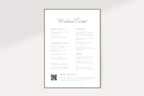 Ivory wedding weekend itinerary template with a sage green border, elegant script heading, two-column event schedule and QR code for a timeless wedding welcome bag insert.