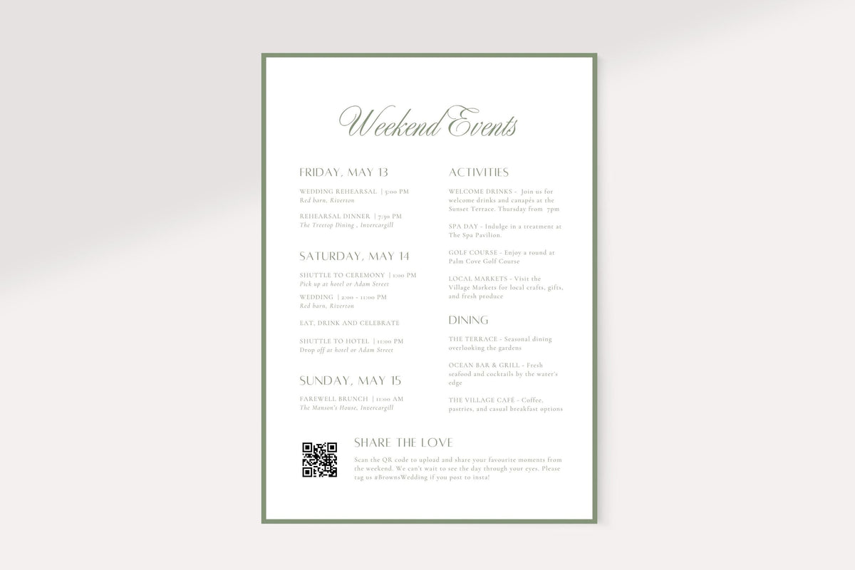 Ivory wedding weekend itinerary template with a sage green border, elegant script heading, two-column event schedule and QR code for a timeless wedding welcome bag insert.