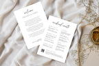 Wedding welcome card and itinerary flat lay on neutral fabric, editable Canva wedding welcome letter and timeline template, modern minimalist wedding stationery printable set