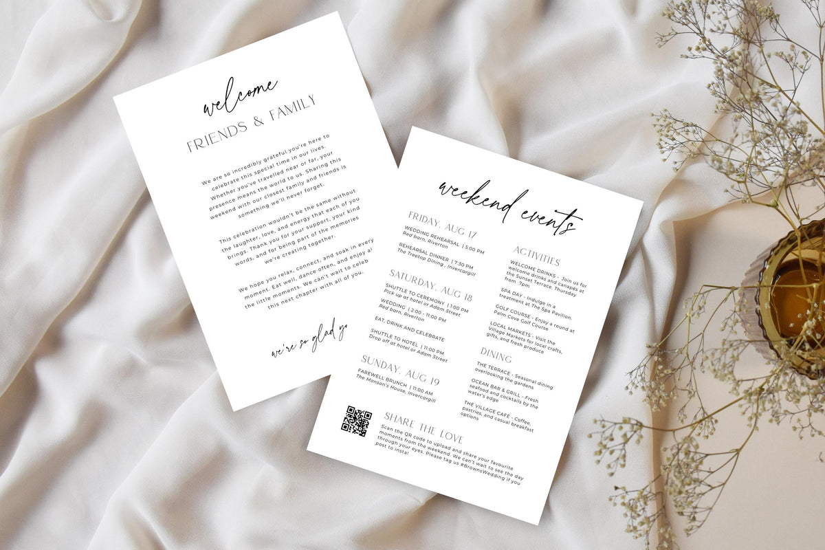 Wedding welcome card and itinerary flat lay on neutral fabric, editable Canva wedding welcome letter and timeline template, modern minimalist wedding stationery printable set