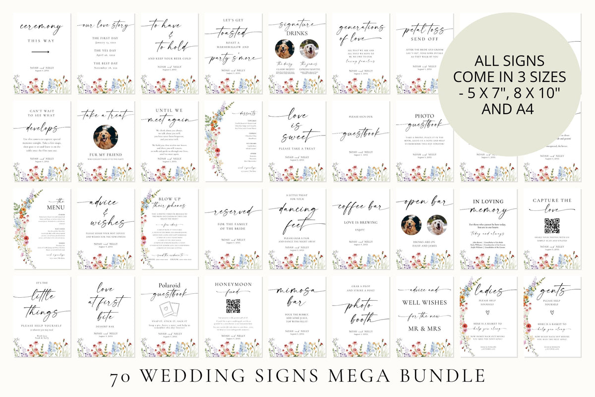 Wedding signs mega bundle preview, 70 wildflower wedding reception sign templates, editable Canva floral printable package