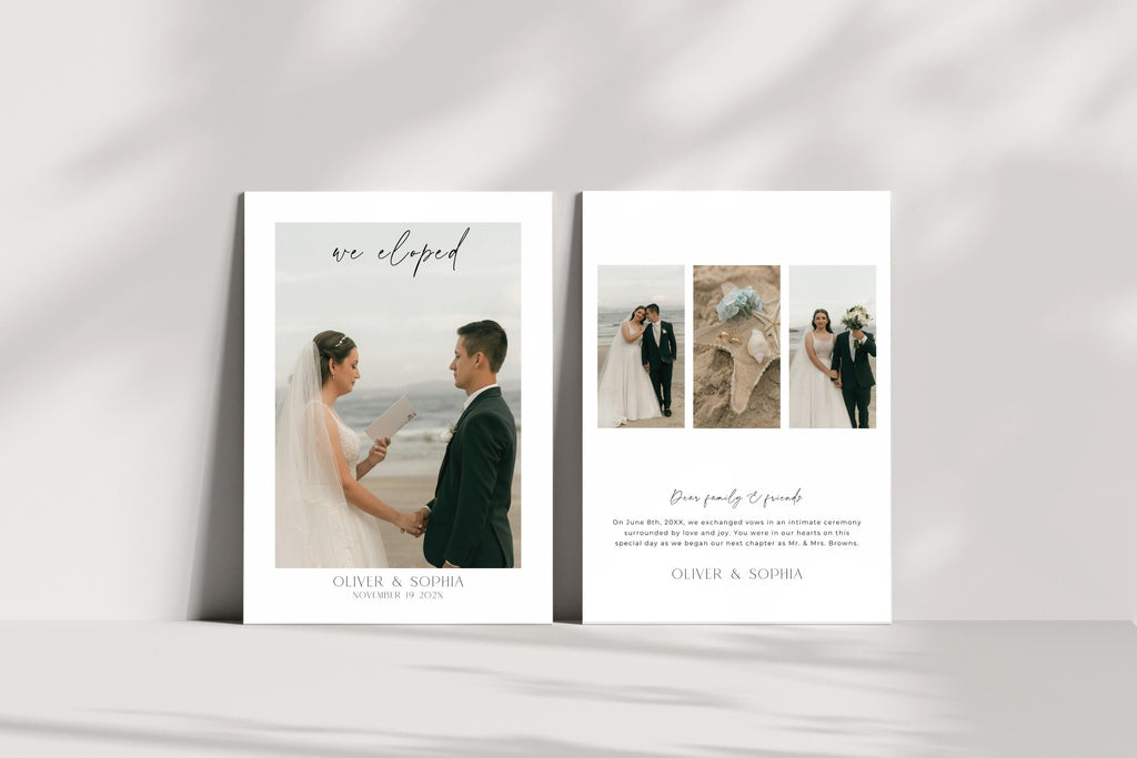 Editable wedding announcement template shown standing upright, modern elopement announcement card, printable we eloped photo announcement, minimalist wedding stationery template, Canva wedding card design, newlywed announcement printable, luxury wedding announcement card, instant download template.