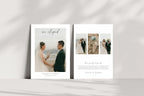 Editable wedding announcement template shown standing upright, modern elopement announcement card, printable we eloped photo announcement, minimalist wedding stationery template, Canva wedding card design, newlywed announcement printable, luxury wedding announcement card, instant download template.