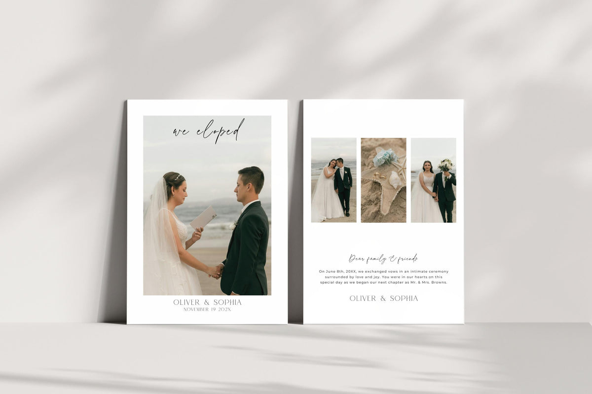 Editable wedding announcement template shown standing upright, modern elopement announcement card, printable we eloped photo announcement, minimalist wedding stationery template, Canva wedding card design, newlywed announcement printable, luxury wedding announcement card, instant download template.