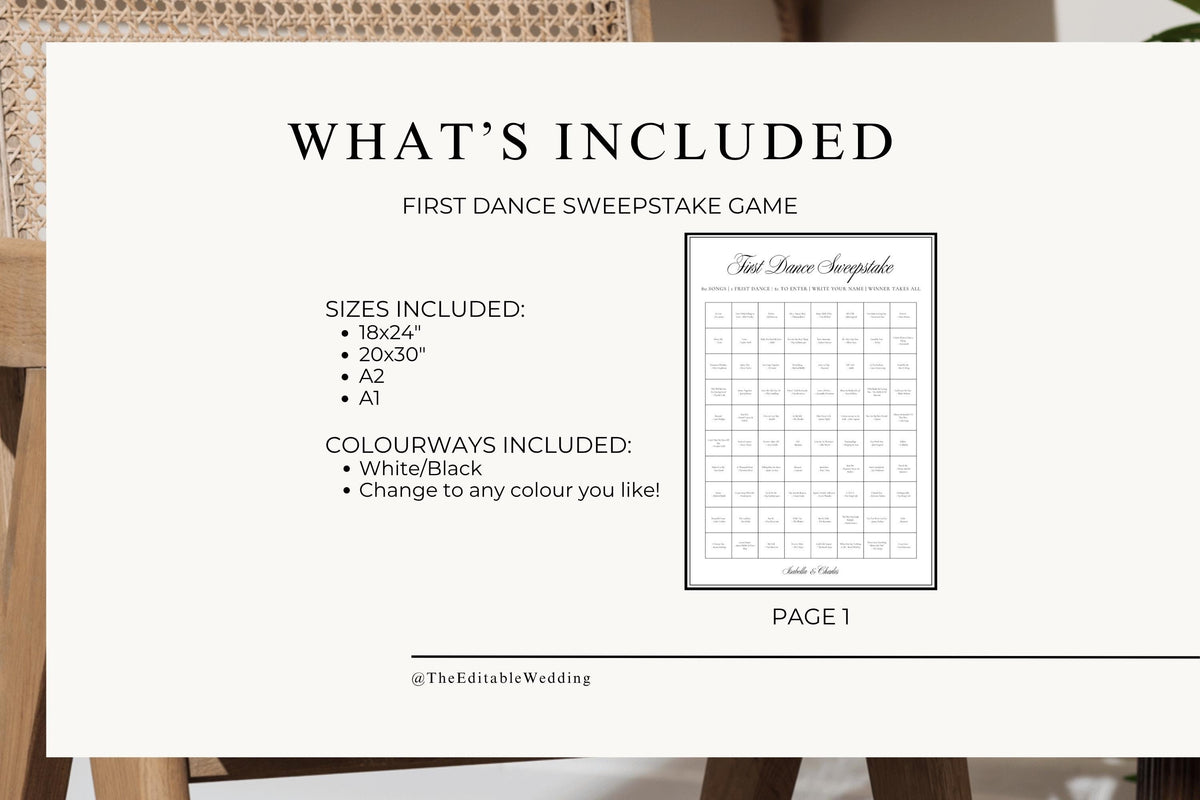 What's included editable first dance sweepstake Canva template bundle, A1 wedding reception game, instant download wedding sign template, printable first dance song prediction sign