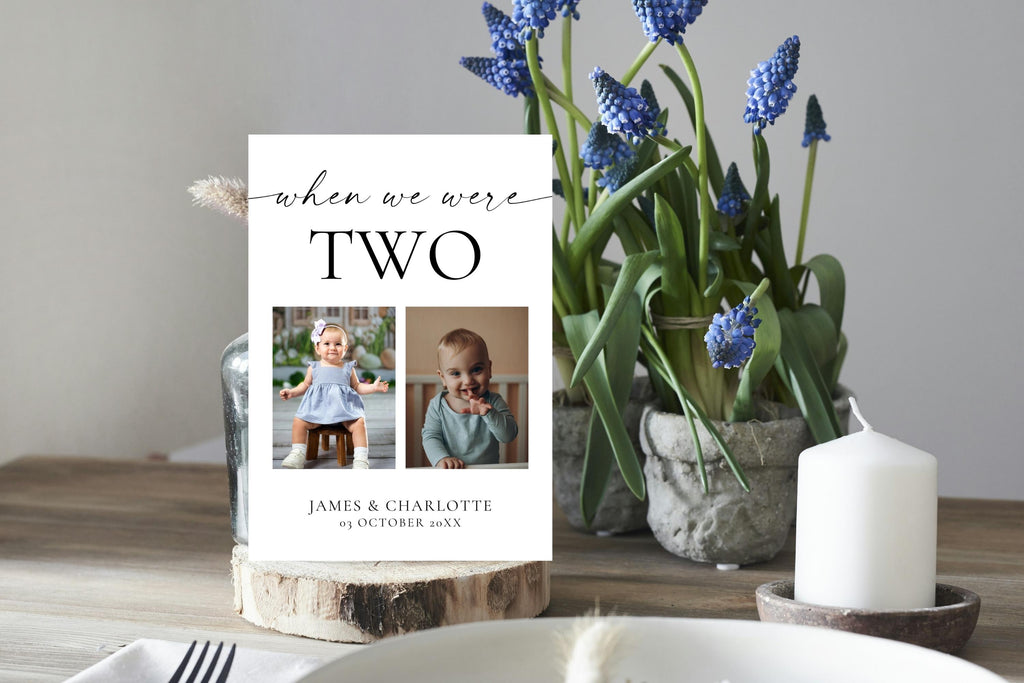 Printable wedding photo table number card template, When We Were Age childhood picture table numbers for wedding reception décor, editable Canva design