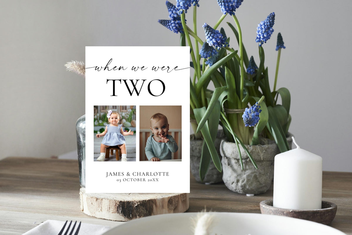 Printable wedding photo table number card template, When We Were Age childhood picture table numbers for wedding reception décor, editable Canva design