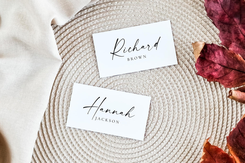 Flat name tag wedding place cards with calligraphy font on autumn wedding styled flatlay, editable template download