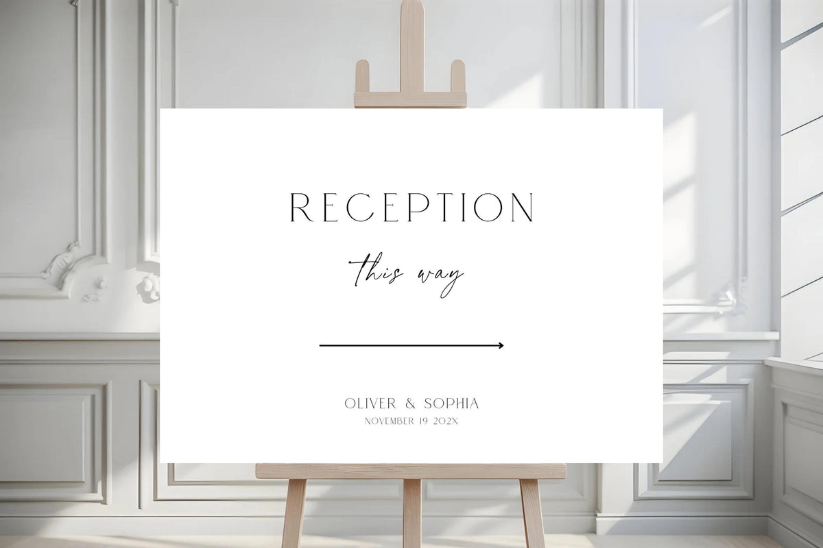 Editable wedding reception sign template Canva, reception this way wedding sign, modern wedding direction signage, minimalist wedding reception sign printable, elegant wedding decor template, instant download.
