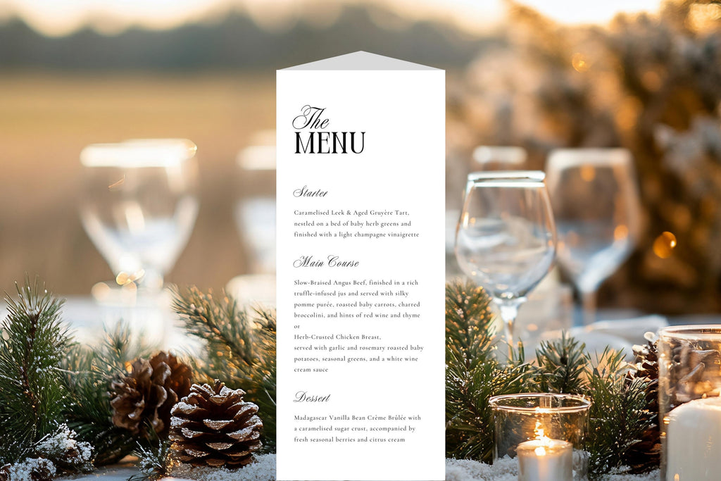 Tall trifold wedding menu card with table number displayed on a candlelit table, timeless old money wedding style, printable reception menu and table number sign