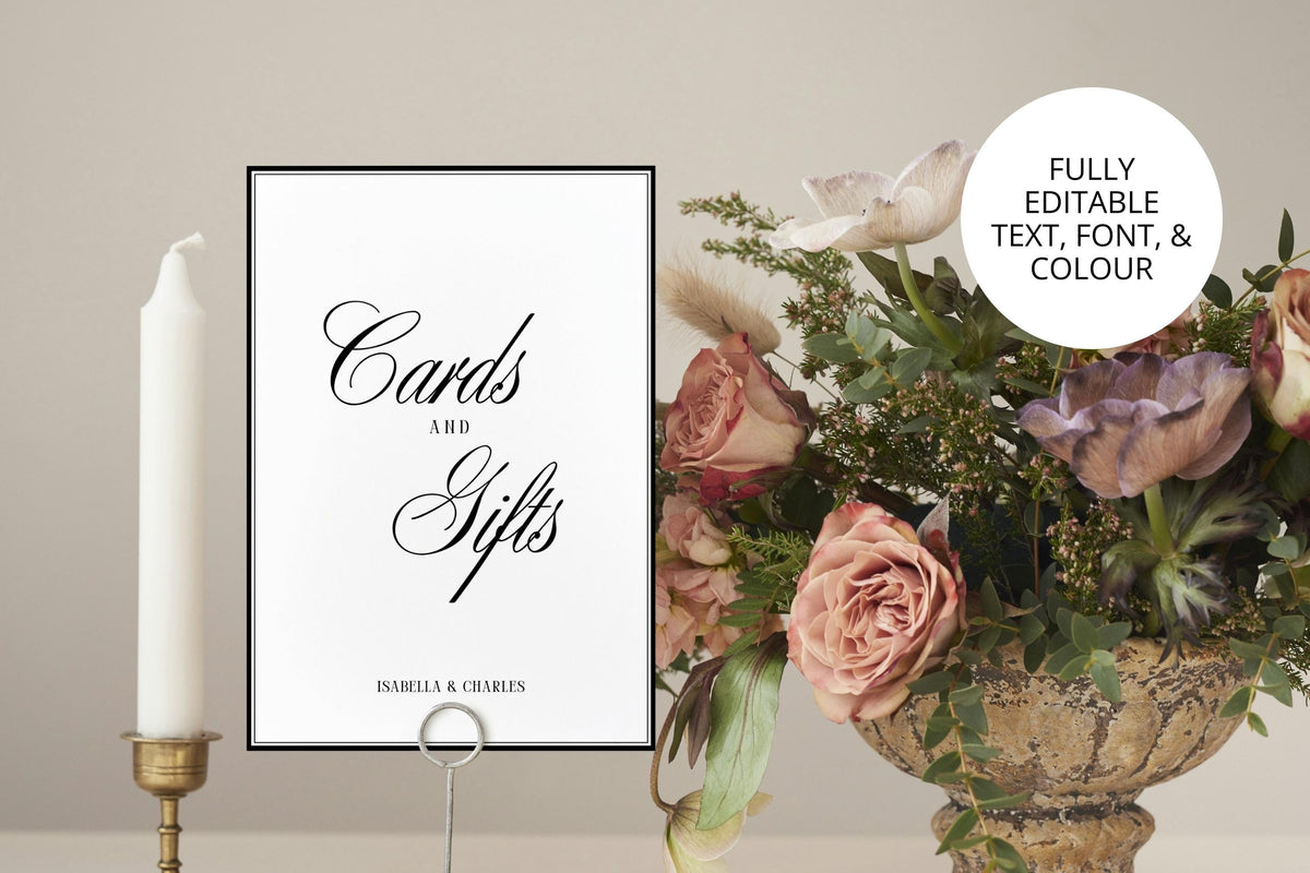 Luxury Cards and Gifts wedding sign displayed with white candle and florals, Old Money wedding reception decor, editable Canva template for printable signage.