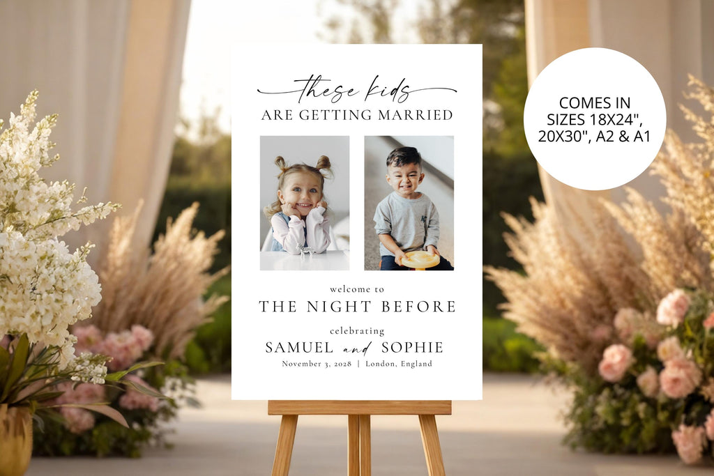 Printable rehearsal dinner welcome sign on easel, These Kids Are Getting Married photo sign template, editable night before wedding Canva sign in multiple sizes