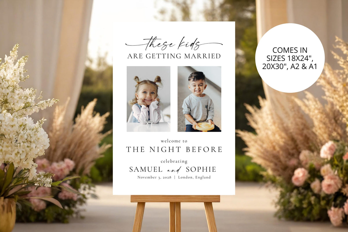 Printable rehearsal dinner welcome sign on easel, These Kids Are Getting Married photo sign template, editable night before wedding Canva sign in multiple sizes